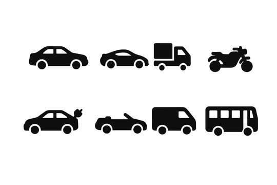 Fototapeta Vehicle Icon Set. Solid, filled icon set of vehicle types: sedan, sports car, truck, motorcycle, electric car, convertible, van, bus. [Solid, filled icons in