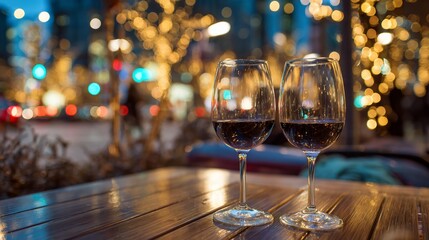 Two wine glasses sit on a table, city lights blur in the background