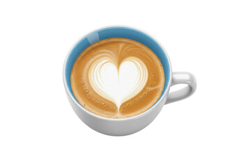 Latte art in a blue mug isolated on white, cappuccino with heart shape for coffee shop menu and cafe promotion PNG