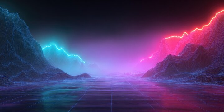 Digital landscape with glowing peaks, grid ground, and gradient sky. A futuristic neon aesthetic