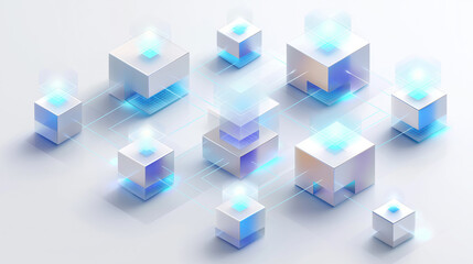 Obraz premium Isometric blockchain illustration, 3D digital blocks connected by glowing data links, clean modern design, white background