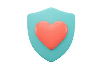 Turquoise shield with red heart isolated PNG, symbol of health protection and insurance for graphic design and web use