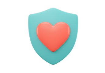 Turquoise shield with red heart isolated PNG, symbol of health protection and insurance for graphic design and web use
