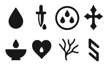 Blood Magic Icons. Solid, filled icon set of blood magic: blood droplet, ritual dagger, blood circle, cursed sigil, sacrificial bowl, heart glyph, vein