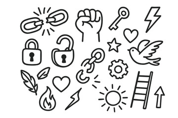 Breaking Free Icons. Hand-drawn doodle illustration Breaking chains broken chain links, fist, key, lock, shackle, lightning bolt, star, heart, gear, ladder,