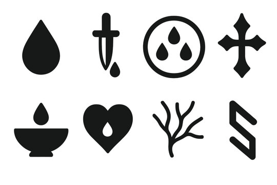 Blood Magic Icons. Solid, filled icon set of blood magic: blood droplet, ritual dagger, blood circle, cursed sigil, sacrificial bowl, heart glyph, vein
