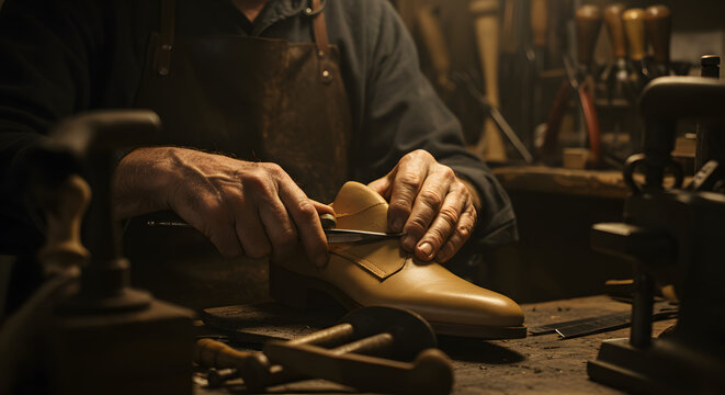 Skilled craftsman meticulously shaping leather shoe with precision tools in a dimly lit workshop
