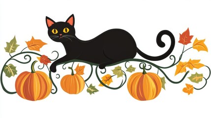 A whimsical black cat perched on a vine among colorful pumpkins and autumn leaves, capturing the essence of fall.