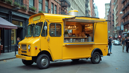 Bright yellow food truck stands on street in city. Mobile fast food cafe offers cuisine. Urban vendor business serves outdoor lunch to people in town. Selling meal on wheels concept. Foodservice