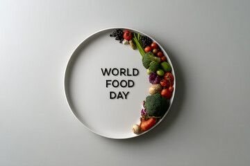 world food day awareness, a world food day message adorns a plate with fresh, colorful produce, promoting sustainability and a healthy lifestyle in a festive, uplifting composition