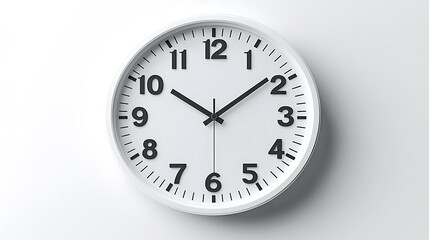 A DSLR shot of a modern, minimalist clock with clean lines, placed against a white background with the time displayed in clear, bold numerals, capturing the simple elegance of the design