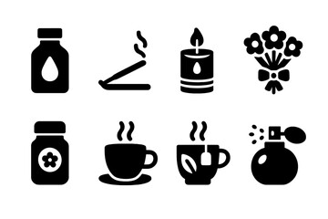 Aroma Icon Collection. Solid, filled icon set of aroma sources: essential oil bottle, incense stick, scented candle, flower bouquet, spice jar, coffee cup,