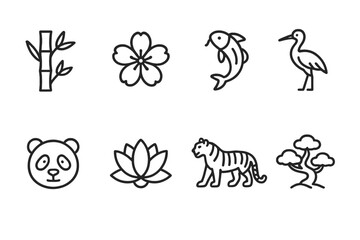 Obraz premium Chinese Nature Icons. Outline icon set of Chinese nature and animals: bamboo, cherry blossom, koi fish, crane bird, panda, lotus flower, tiger, pine tree. Line