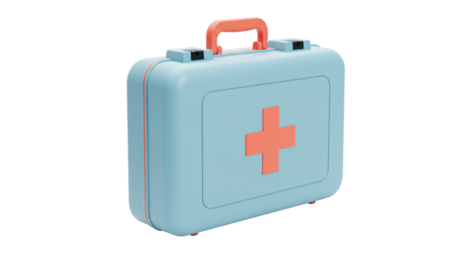 Light blue first aid kit isolated, medical emergency case with handle and red cross for healthcare and safety on no background - Powered by Adobe