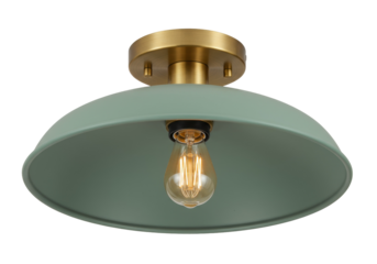 Green dome ceiling light fixture with brass hardware isolated, modern farmhouse lighting for home decor and interior design