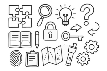 Puzzle Icons Illustration. Hand-drawn doodle illustration puzzle clue puzzle pieces, magnifying glass, question mark, notebook, light bulb, lock, key, arrows,