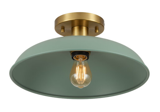 Green dome ceiling light fixture with brass hardware isolated, modern farmhouse lighting for home decor and interior design