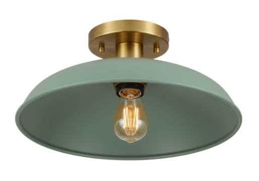 Green dome ceiling light fixture with brass hardware isolated, modern farmhouse lighting for home decor and interior design