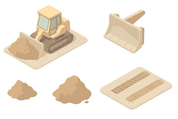 Bulldozer Earthmoving Set. Isometric vector illustration set Bulldozer Blade Earthmoving Dirt: bulldozer pushing soil, angled