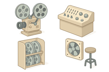 Projection Booth Setup. Isometric vector illustration set Projection Booth Setup: dual reel projector setup, control panel with