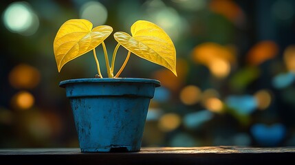 A DSLR close-up of a single potted plant with vibrant green leaves, sitting on a minimalist wooden shelf, with natural light gently highlighting the plant