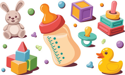 Baby Toys & Milk Bottle clip art vector on white background