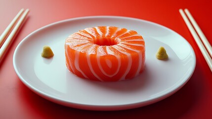 A DSLR shot of a simple white plate with a single perfectly placed piece of sushi, surrounded by elegant chopsticks and soft lighting highlighting the clean, minimalist presentation