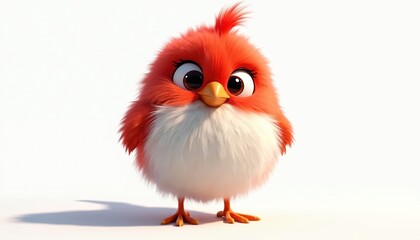 Fluffy red cartoon bird character with big eyes. Small funny chick stands alone on white background. Cute creature with orange beak looks forward.