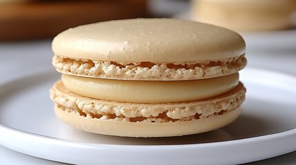 A DSLR close-up of a single macaron on a clean plate, with the smooth texture and delicate color of the pastry captured in vivid detail, with soft lighting accentuating its form
