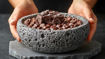 A DSLR view of a single piece of dark chocolate with a small bite taken out of it, placed on a minimalist stone plate with soft, diffused light emphasizing its texture
