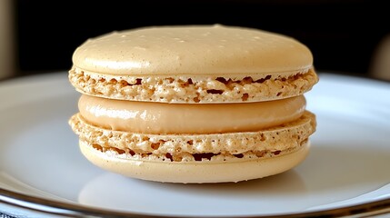 A DSLR close-up of a single macaron on a clean plate, with the smooth texture and delicate color of the pastry captured in vivid detail, with soft lighting accentuating its form
