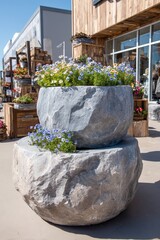 Two large, textured, gray stone planters, filled with vibrant flowers, sit prominently in a paved outdoor space.