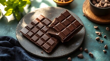 A DSLR view of a single piece of dark chocolate with a small bite taken out of it, placed on a minimalist stone plate with soft, diffused light emphasizing its texture
