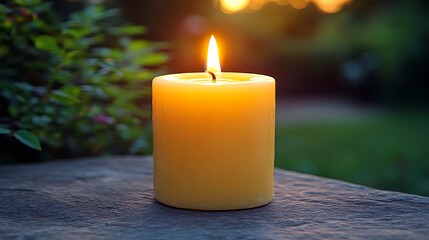 A DSLR shot focusing on a single candle burning gently on a stone surface, with soft shadows and warm light reflecting off the surrounding minimal decor