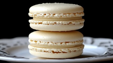 A DSLR close-up of a single macaron on a clean plate, with the smooth texture and delicate color of the pastry captured in vivid detail, with soft lighting accentuating its form