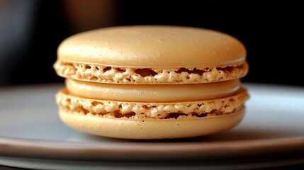 A DSLR close-up of a single macaron on a clean plate, with the smooth texture and delicate color of the pastry captured in vivid detail, with soft lighting accentuating its form