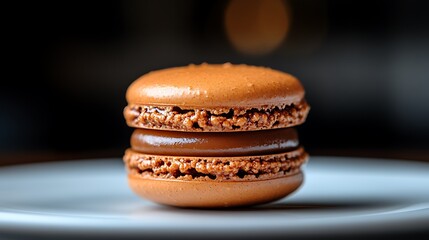A DSLR close-up of a single macaron on a clean plate, with the smooth texture and delicate color of the pastry captured in vivid detail, with soft lighting accentuating its form