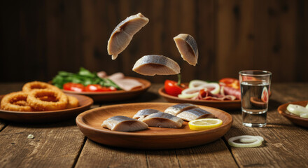 Fototapeta premium Sliced herring with onion rings and vegetables on wooden table