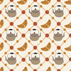 Breakfast Kettle and Croissant Vector Seamless Pattern