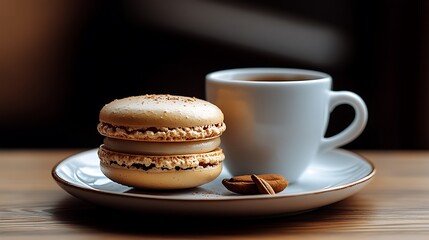 A DSLR close-up of a single macaron on a clean plate, with the smooth texture and delicate color of the pastry captured in vivid detail, with soft lighting accentuating its form