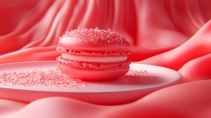 A DSLR close-up of a single macaron on a clean plate, with the smooth texture and delicate color of the pastry captured in vivid detail, with soft lighting accentuating its form