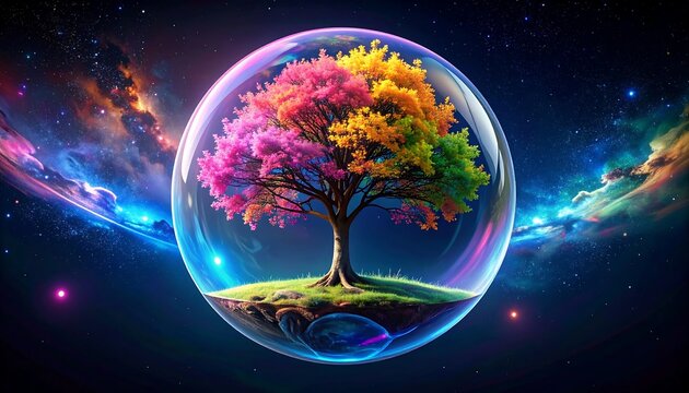 Colorful tree in a bubble in space (1) - Powered by Adobe