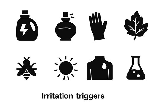 Irritation Triggers. Solid, filled icon set of irritation triggers: harsh detergent, perfume, latex, poison ivy, insect sting, heat, sweat, chemicals. Line