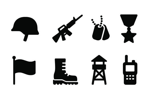 Military Icon Set. Solid, filled icon set of military duty: soldier helmet, rifle, dog tags, medal, flag, boots, watchtower, radio. Solid, filled icons in only