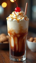 Cold ice cream soda with creamy whipped topping, caramel drizzle, and a bright red cherry on top. A delicious sweet beverage perfect for summer refreshment and indulgence.