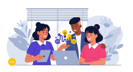 Diverse Team Collaborating on a Project Discussing Ideas and Innovation Using Technology in a Modern Office Environment