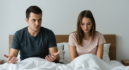 Young caucasian couple arguing in bed - relationship conflict and emotional tension