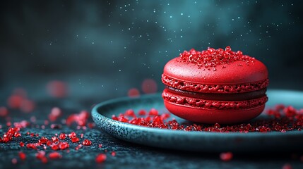 A DSLR close-up of a single macaron on a clean plate, with the smooth texture and delicate color of the pastry captured in vivid detail, with soft lighting accentuating its form