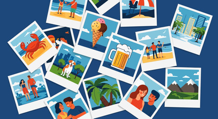 Fototapeta premium A Collection of Instant Photos Capturing Summer Vacation Memories Including Beach Scenes Delicious Ice Cream and Scenic Mountain Views