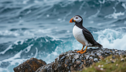 Fototapeta premium A puffin perches on a rocky surface near the ocean. Waves crash in the background as daylight illuminates the scene, highlighting the bird's vibrant colors and unique features